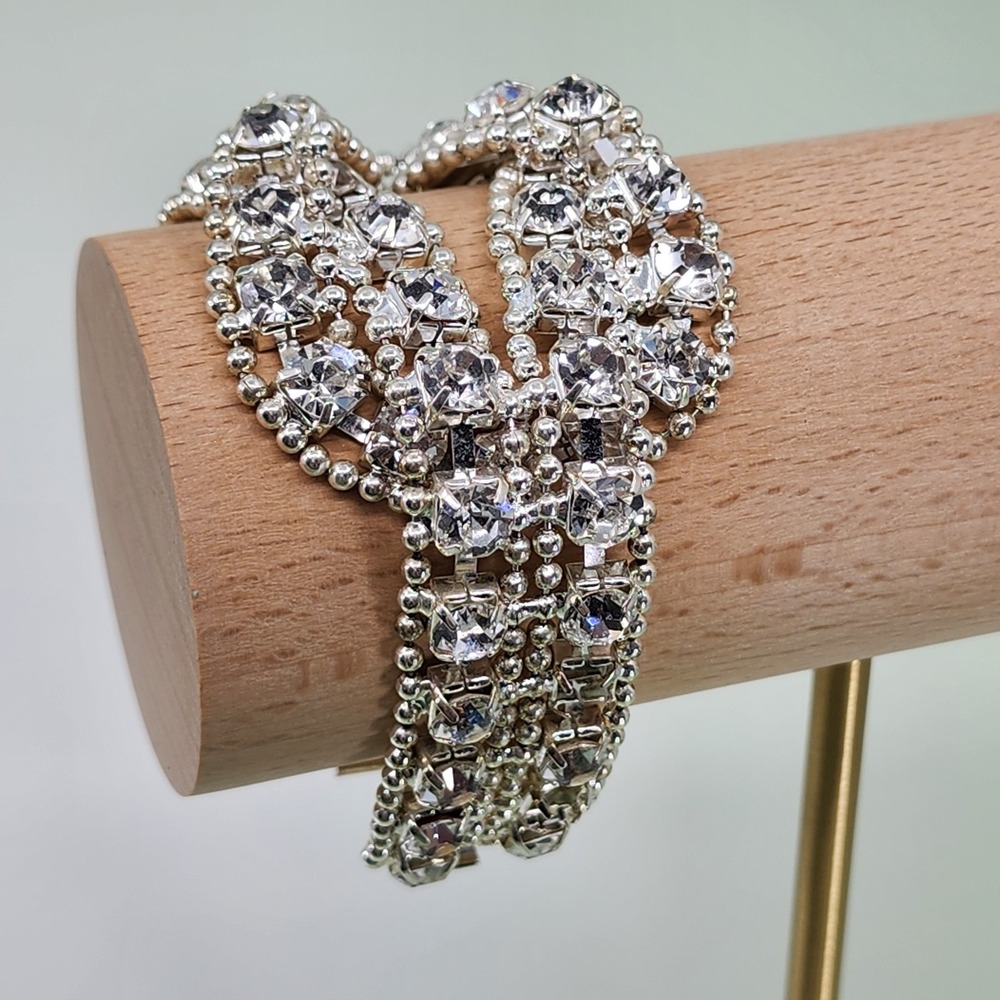 Vintage Clear Rhinestone Multi Row Bracelet Silver Tone Glam Statement Bridal